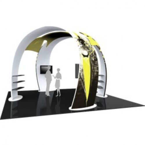 Formulate Fusion 20x20 Island Booth 07, Dual Arches & Display Shelving